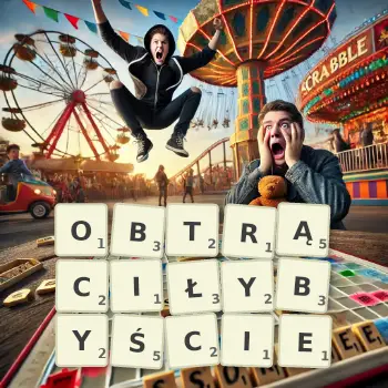 Kreatywna ilustracja do gry w Scrabble ze słowem OBTRĄCIŁYBYŚCIE ułożonym z płytek na planszy.