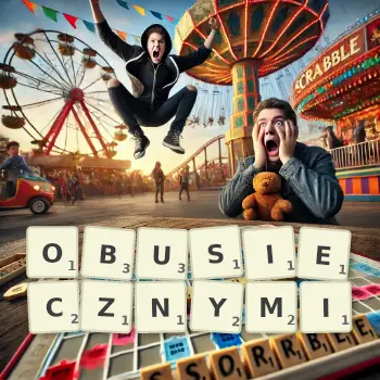 Kreatywna ilustracja do gry w Scrabble ze słowem OBUSIECZNYMI ułożonym z płytek na planszy.