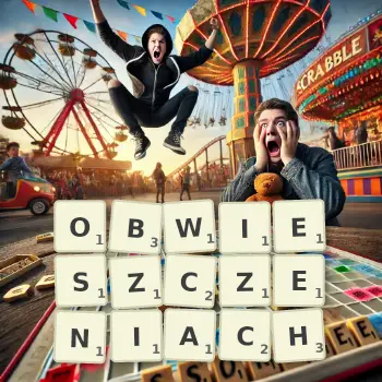 Kreatywna ilustracja do gry w Scrabble ze słowem OBWIESZCZENIACH ułożonym z płytek na planszy.