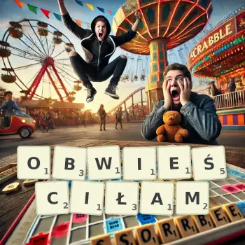 Kreatywna ilustracja do gry w Scrabble ze słowem OBWIEŚCIŁAM ułożonym z płytek na planszy.