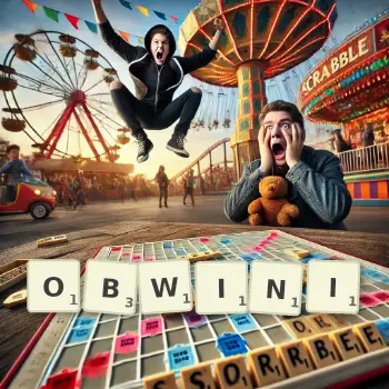 Kreatywna ilustracja do gry w Scrabble ze słowem OBWINI ułożonym z płytek na planszy.