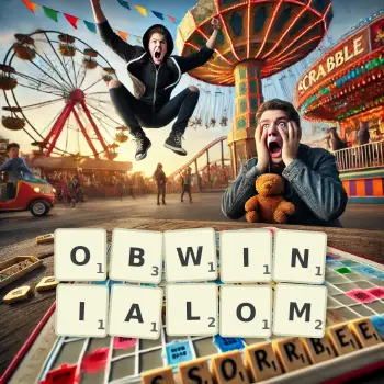 Kreatywna ilustracja do gry w Scrabble ze słowem OBWINIALOM ułożonym z płytek na planszy.