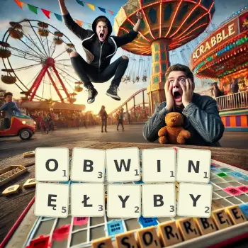 Kreatywna ilustracja do gry w Scrabble ze słowem OBWINĘŁYBY ułożonym z płytek na planszy.