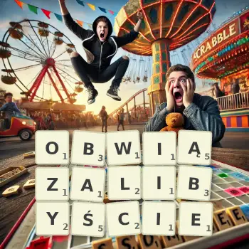 Kreatywna ilustracja do gry w Scrabble ze słowem OBWIĄZALIBYŚCIE ułożonym z płytek na planszy.