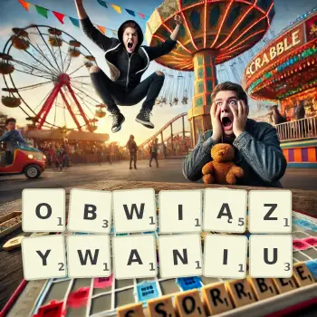 Kreatywna ilustracja do gry w Scrabble ze słowem OBWIĄZYWANIU ułożonym z płytek na planszy.