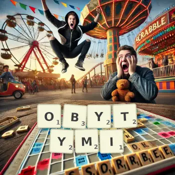 Kreatywna ilustracja do gry w Scrabble ze słowem OBYTYMI ułożonym z płytek na planszy.