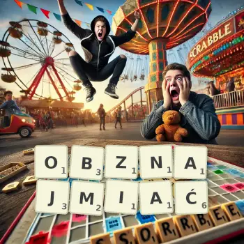 Kreatywna ilustracja do gry w Scrabble ze słowem OBZNAJMIAĆ ułożonym z płytek na planszy.