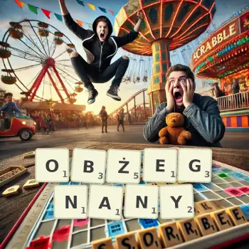Kreatywna ilustracja do gry w Scrabble ze słowem OBŻEGNANY ułożonym z płytek na planszy.