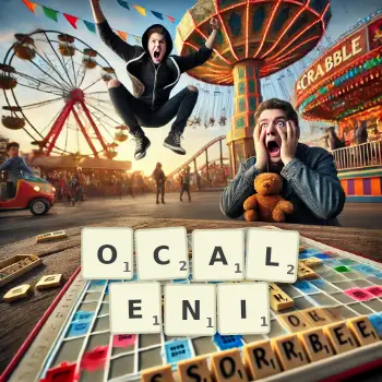 Kreatywna ilustracja do gry w Scrabble ze słowem OCALENI ułożonym z płytek na planszy.