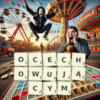 Kreatywna ilustracja do gry w Scrabble ze słowem OCECHOWUJĄCYM ułożonym z płytek na planszy.