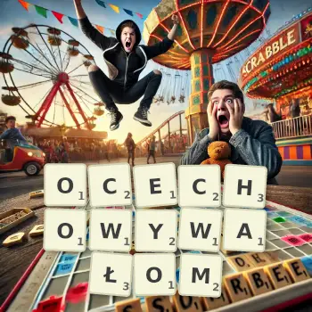 Kreatywna ilustracja do gry w Scrabble ze słowem OCECHOWYWAŁOM ułożonym z płytek na planszy.