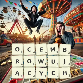 Kreatywna ilustracja do gry w Scrabble ze słowem OCEMBROWUJĄCYCH ułożonym z płytek na planszy.