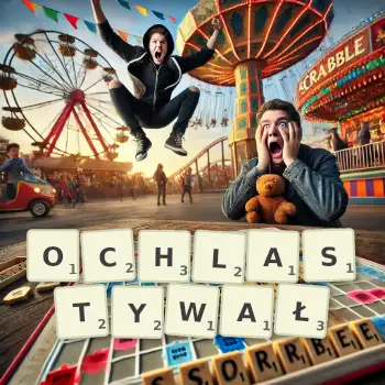 Kreatywna ilustracja do gry w Scrabble ze słowem OCHLASTYWAŁ ułożonym z płytek na planszy.