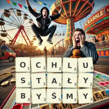 Kreatywna ilustracja do gry w Scrabble ze słowem OCHLUSTAŁYBYŚMY ułożonym z płytek na planszy.