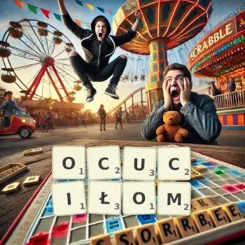 Kreatywna ilustracja do gry w Scrabble ze słowem OCUCIŁOM ułożonym z płytek na planszy.