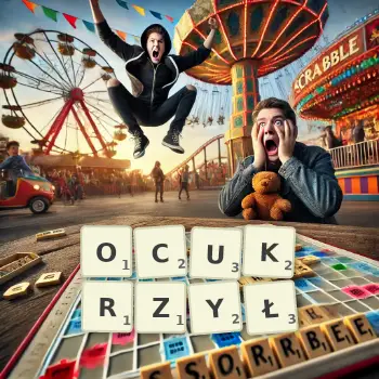 Kreatywna ilustracja do gry w Scrabble ze słowem OCUKRZYŁ ułożonym z płytek na planszy.