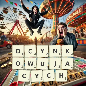 Kreatywna ilustracja do gry w Scrabble ze słowem OCYNKOWUJACYCH ułożonym z płytek na planszy.