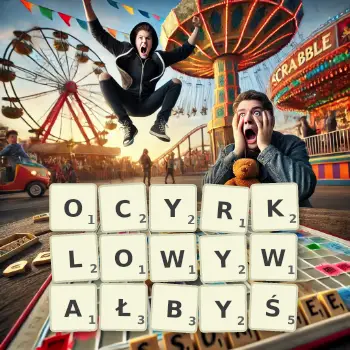 Kreatywna ilustracja do gry w Scrabble ze słowem OCYRKLOWYWAŁBYŚ ułożonym z płytek na planszy.