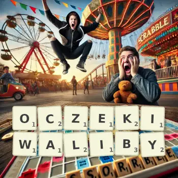Kreatywna ilustracja do gry w Scrabble ze słowem OCZEKIWALIBY ułożonym z płytek na planszy.