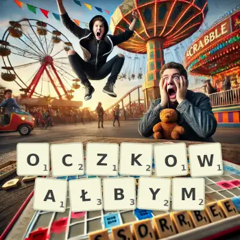 Kreatywna ilustracja do gry w Scrabble ze słowem OCZKOWAŁBYM ułożonym z płytek na planszy.