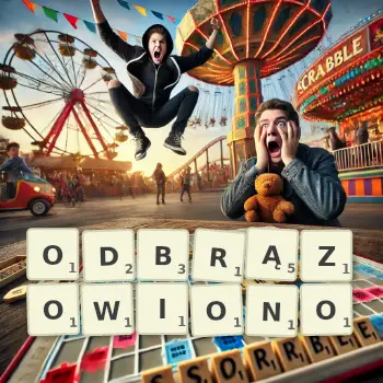 Kreatywna ilustracja do gry w Scrabble ze słowem ODBRĄZOWIONO ułożonym z płytek na planszy.