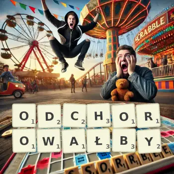 Kreatywna ilustracja do gry w Scrabble ze słowem ODCHOROWAŁBY ułożonym z płytek na planszy.