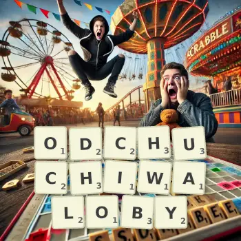 Kreatywna ilustracja do gry w Scrabble ze słowem ODCHUCHIWALOBY ułożonym z płytek na planszy.