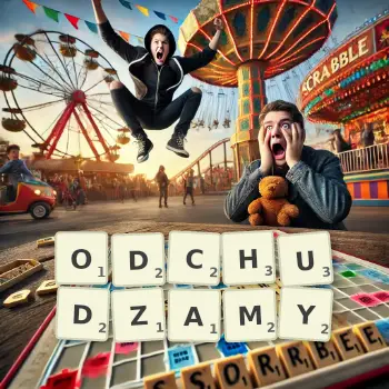 Kreatywna ilustracja do gry w Scrabble ze słowem ODCHUDZAMY ułożonym z płytek na planszy.