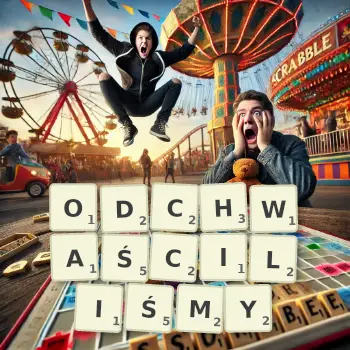 Kreatywna ilustracja do gry w Scrabble ze słowem ODCHWAŚCILIŚMY ułożonym z płytek na planszy.