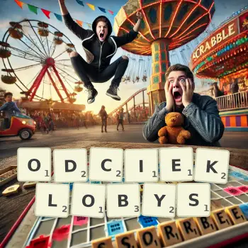 Kreatywna ilustracja do gry w Scrabble ze słowem ODCIEKLOBYS ułożonym z płytek na planszy.