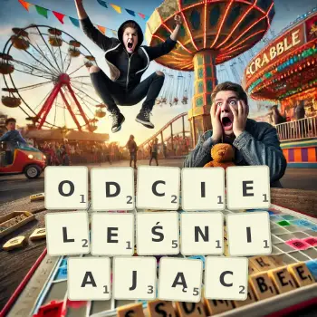 Kreatywna ilustracja do gry w Scrabble ze słowem ODCIELEŚNIAJĄC ułożonym z płytek na planszy.