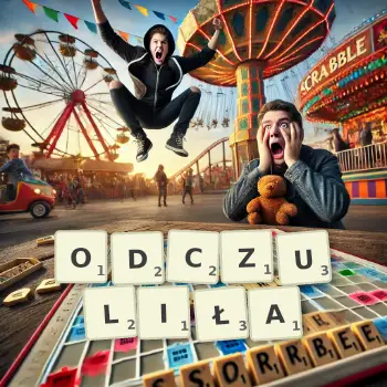 Kreatywna ilustracja do gry w Scrabble ze słowem ODCZULIŁA ułożonym z płytek na planszy.