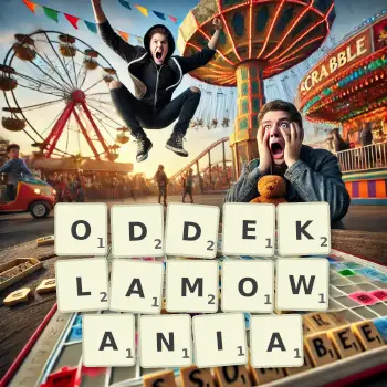 Kreatywna ilustracja do gry w Scrabble ze słowem ODDEKLAMOWANIA ułożonym z płytek na planszy.