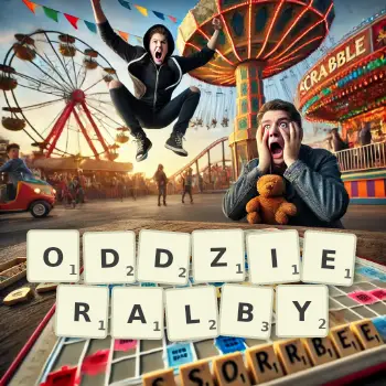 Kreatywna ilustracja do gry w Scrabble ze słowem ODDZIERALBY ułożonym z płytek na planszy.