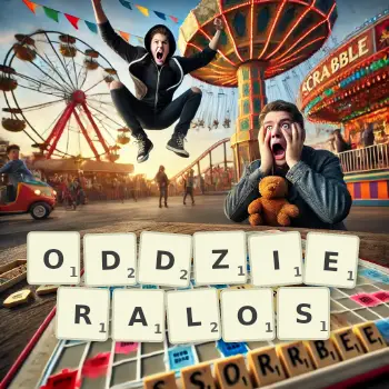 Kreatywna ilustracja do gry w Scrabble ze słowem ODDZIERALOS ułożonym z płytek na planszy.