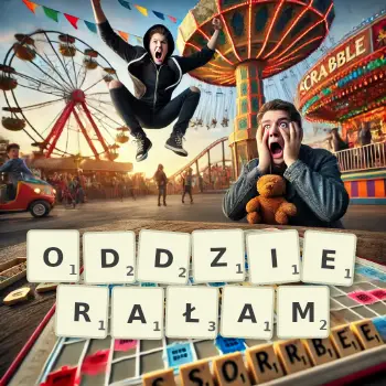 Kreatywna ilustracja do gry w Scrabble ze słowem ODDZIERAŁAM ułożonym z płytek na planszy.