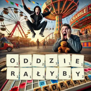 Kreatywna ilustracja do gry w Scrabble ze słowem ODDZIERAŁYBY ułożonym z płytek na planszy.
