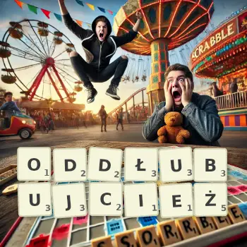 Kreatywna ilustracja do gry w Scrabble ze słowem ODDŁUBUJCIEŻ ułożonym z płytek na planszy.