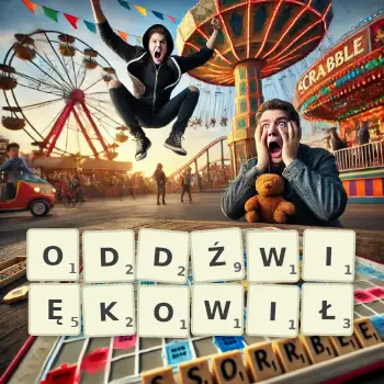 Kreatywna ilustracja do gry w Scrabble ze słowem ODDŹWIĘKOWIŁ ułożonym z płytek na planszy.