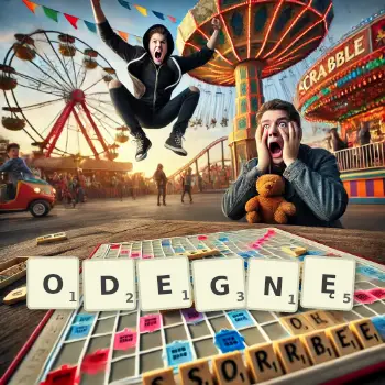 Kreatywna ilustracja do gry w Scrabble ze słowem ODEGNĘ ułożonym z płytek na planszy.