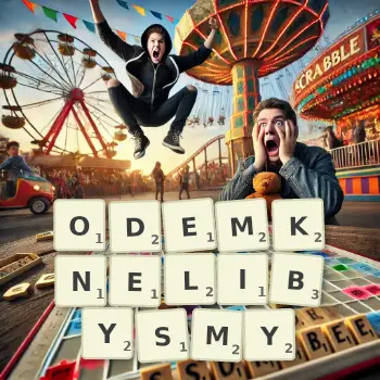 Kreatywna ilustracja do gry w Scrabble ze słowem ODEMKNELIBYSMY ułożonym z płytek na planszy.
