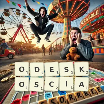 Kreatywna ilustracja do gry w Scrabble ze słowem ODESKOSCIA ułożonym z płytek na planszy.