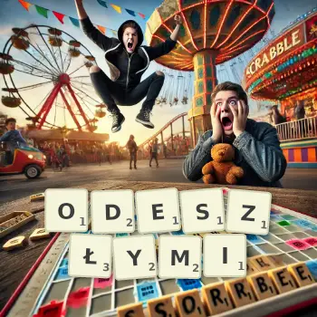 Kreatywna ilustracja do gry w Scrabble ze słowem ODESZŁYMI ułożonym z płytek na planszy.