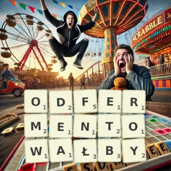 Kreatywna ilustracja do gry w Scrabble ze słowem ODFERMENTOWAŁBY ułożonym z płytek na planszy.