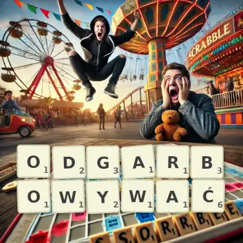 Kreatywna ilustracja do gry w Scrabble ze słowem ODGARBOWYWAĆ ułożonym z płytek na planszy.