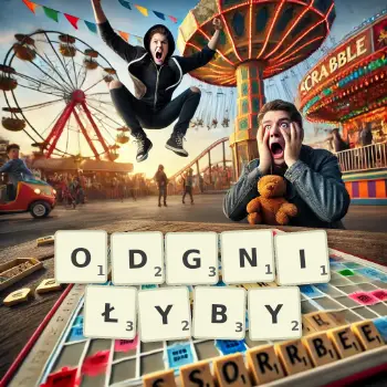 Kreatywna ilustracja do gry w Scrabble ze słowem ODGNIŁYBY ułożonym z płytek na planszy.