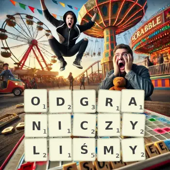 Kreatywna ilustracja do gry w Scrabble ze słowem ODGRANICZYLIŚMY ułożonym z płytek na planszy.