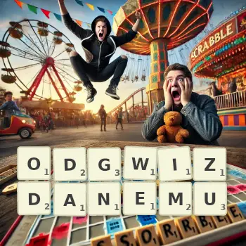 Kreatywna ilustracja do gry w Scrabble ze słowem ODGWIZDANEMU ułożonym z płytek na planszy.