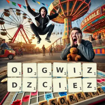 Kreatywna ilustracja do gry w Scrabble ze słowem ODGWIZDZCIEZ ułożonym z płytek na planszy.