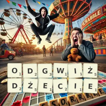 Kreatywna ilustracja do gry w Scrabble ze słowem ODGWIŻDŻECIE ułożonym z płytek na planszy.